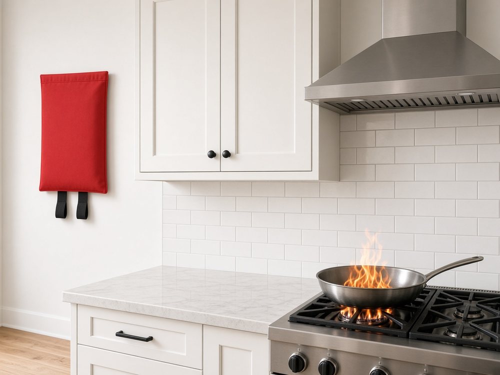 Red fire blanket pouch on a kitchen wall near a pan fire on the stove