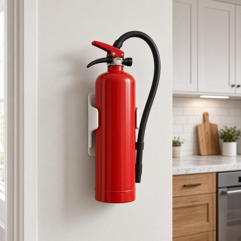 Fire extinguisher mounted on a kitchen wall