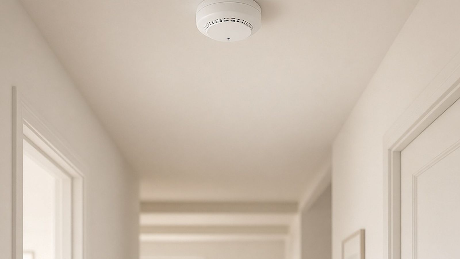 Ceiling-mounted smoke alarm in a home hallway