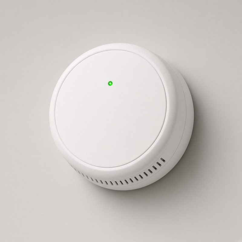 Battery-powered smoke alarm on a ceiling